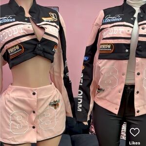 Pink and Black Patchwork Jacket and Skirt Set